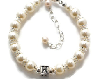 Personalized Baby Bracelet, Sterling Silver Initial, Pearl Jewelry