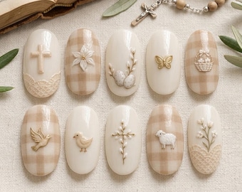 Beige Religious Press On Nails, 3D Cross Dove Lamb, Plaid First Communion Set