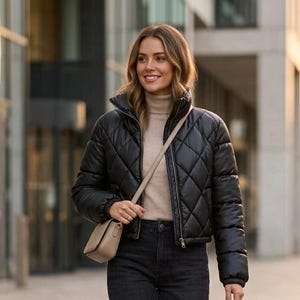 May include: A black quilted puffer jacket with a high collar and front zipper, worn over a beige turtleneck sweater, paired with dark gray straight-leg jeans, white sneakers, and a small beige crossbody bag with a thin shoulder strap.