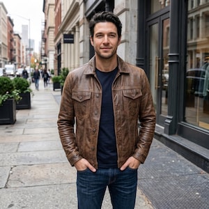 May include: A brown leather jacket with a pointed collar, button-front closure, and two chest pockets, worn over a dark navy blue t-shirt and dark blue denim jeans. The jacket features visible stitching details and a weathered texture.