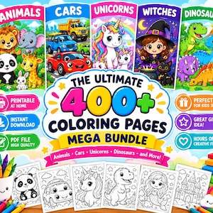 May include: A digital coloring book bundle featuring over 400 pages with themes including animals, cars, unicorns, witches, and dinosaurs. The graphic displays colorful character illustrations, text reading The Ultimate 400+ Coloring Pages Mega Bundle, and black and white line art samples of a panda, car, unicorn, dinosaur, mermaid, and castle.