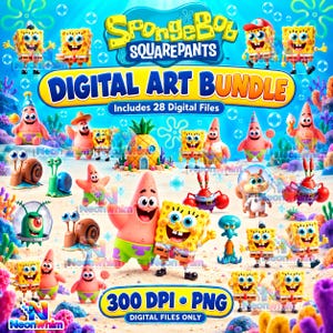 Puede incluir: Un paquete de arte digital con personajes de Bob Esponja, incluyendo a Patricio Estrella, Calamardo, Arenita y Don Cangrejo en un entorno submarino. La imagen muestra 28 archivos digitales, 300 DPI y etiquetas de texto en formato PNG.