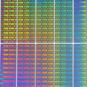 May include: Ten rectangular security tamper-evident seals arranged in two rows of five. Each seal features a dark grey background with a repeating holographic pattern of the word VOID in various rainbow colours that shift across the surface.