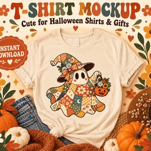 PNG de fantasma de patchwork retro, diseño de sublimación de Halloween acolchado, imágenes prediseñadas florales de otoño