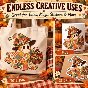 Grzybowy patchworkowy duch PNG, retro halloweenowy kilt, jesienny projekt sublimacji