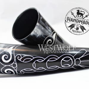 Hand-Carved Viking Raven Drinking Horn + Forged Iron Stand -- Norse/Medieval/Feast/Ceremony/Cups/Crow/Design