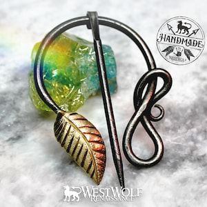 Hand-Forged Curled Steel Medieval Brooch with Gold or Silver Leaf --- Dark Age/Nature/Pagan/Viking/Greek/Roman/Vine/Penannular/Cloak Pin