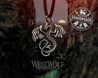 Dragon Pendant in Solid Bronze --- Fantasy/Viking/Norse/Winged Serpent/Necklace/Jewelry