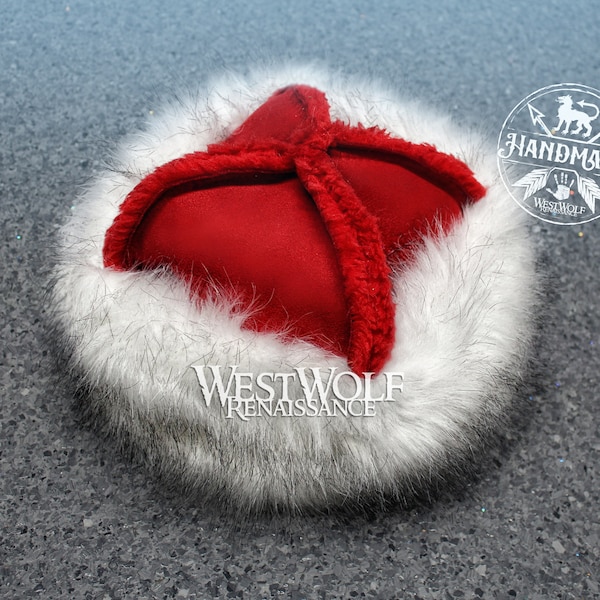 Fur-Trimmed Viking Hat - Thick Red Sherpa Suede Top and White Fur --- Norse Santa/Winter Cap/Faux Fur