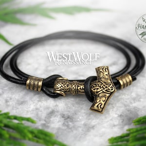 Bracciale in pelle vichinga con martello di Thor in bronzo in diverse dimensioni - Berserker Mjolnir --- Norreno/slavo/nero/oro/cordone/cinturino/gioielli