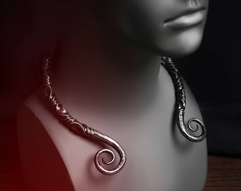 Hand-Forged Twisted Steel Medieval Neck Torc with Curled Terminals - Available in Multiple Sizes --- Viking/Norse/Gaelic/Celtic Neck-Ring