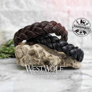 Bracelet tressé Viking en cuir - Taille réglable - Votre choix de marron ou noir - En cuir et corde --- Poignet/Bijoux