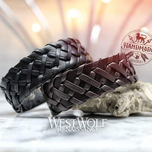 Leather Viking &quot;X&quot; Pattern Style Bracelet with Border - Adjustable Size - Your Choice of Brown or Black --- Wrist Cuff/Jewelry