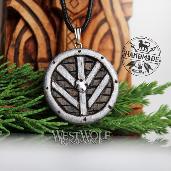 Viking "Lagertha" Shield Pendant Hand-Carved from Walnut Wood - Algiz Rune Symbol - Norse Jewelry/Necklace