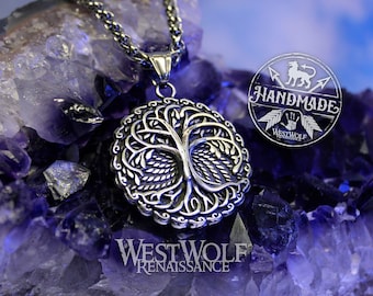 Tree of Life Pendant with Stainless Steel Chain - Double-Sided --- Celtic/Gaelic/Viking/Norse/Yggdrasil/Christian/Silver/Necklace