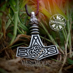 Viking &quot;Mjolnir&quot; Thor Hammer Pendant with Knot Design and Eagle Beak Bail --- Norse/Mythology/Valhalla/Necklace/Jewelry