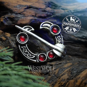 Viking Raven Brooch with Red Glass Stones - Penannular Style Broach or Pin --- Norse Mythology/Odin&#39;s Ravens/Celtic/Badge/Jewelry