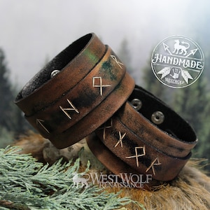 Leather Viking Style Bracelet or Wrist Cuff with Custom Carved Runes - Adjustable Size --- Wide Bracelet/Clothing Accessory/Armor/Jewelry