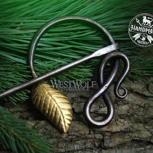 Hand-Forged Curled Steel Medieval Brooch with Gold or Silver Leaf --- Dark Age/Nature/Pagan/Viking/Greek/Roman/Vine/Penannular/Cloak Pin