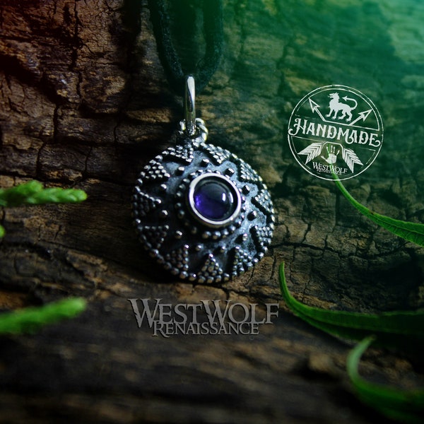 Sterling Silver Medieval Sun Pendant with Amethyst Stone - Historic Replica --- Slavic/Moravian/Viking/Jewelry/Shield/Necklace