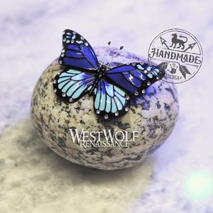 Blue Monarch Butterfly Brooch/Pin with Hand-Painted Baked Enamel and Crystal Gems --- Nature/Animal/Insect/Broach