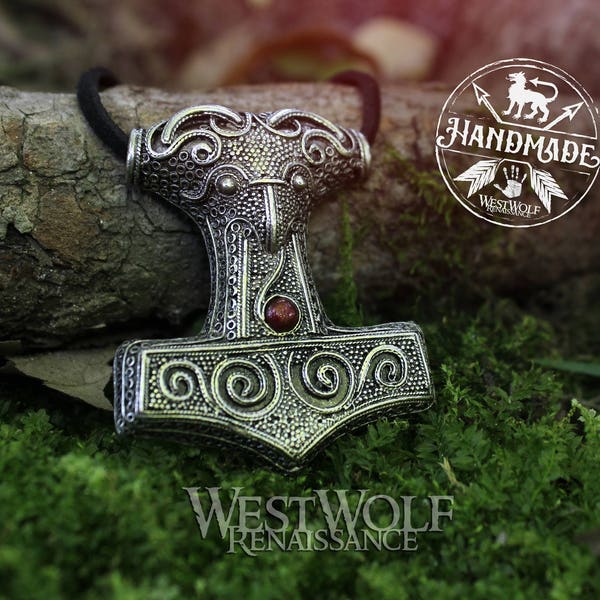 Viking Raven Hammer Pendant with Red Garnet - Mjolnir - Scania/Norse/Thor/Odin