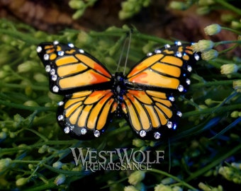 Monarch Butterfly Brooch/Pin with Hand-Painted Baked Enamel and Crystal Gems --- Nature/Animal/Insect/Broach