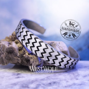 Viking Lightning Wave Pattern Bracelet - Thick Metal Torc --- Norse/Scandinavian/Denmark/Norway/Iceland/Silver/Cuff/Handmade/Jewelry