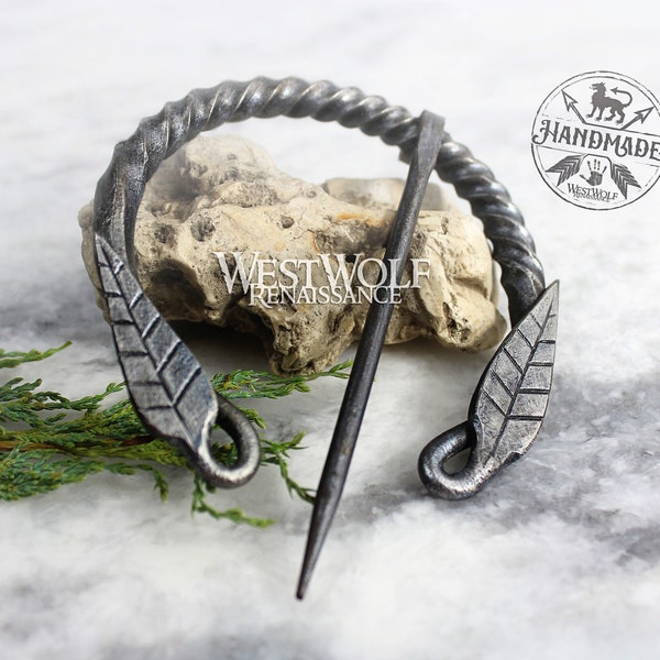 Hand-Forged Twisted Steel Pennanular Leaf Brooch -- Nature/Medieval/Viking/Celtic/Greek/Roman/Pagan/Elven/Fibula/Cloak or Scarf Pin