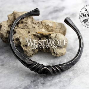 Hand-Forged Twisted Steel Torc - Viking or Celtic Bracelet with Anti-Rust Finish --- Medieval/Blacksmith-Made/Hammered/Jewelry/Cuff/Band