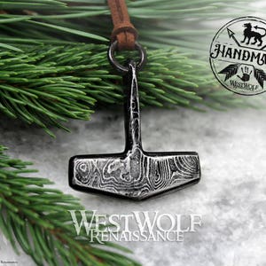 Damascus Steel Thor&#39;s Hammer Pendant - Hand-Forged --- Norse/Odin/Mjolnir/North/Scandinavian/Medieval/Blacksmith/Damask/Necklace