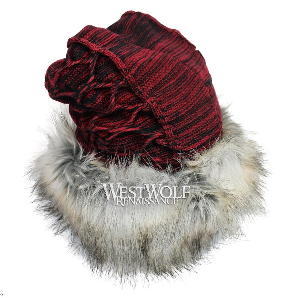 Silver Fox Fur Viking Hat with Woven Wine Red Knit Top for Men or Women --- Norse/Scandinavian/Norway/Sweden/Faux Fur/Knitted/Headwear/Cap