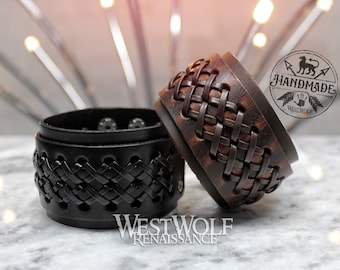Wide Leather Bracelet or Wrist Cuff with Double "X" Pattern -- Adjustable Size --- Viking/Norse/Berserker/Celtic/Pirate