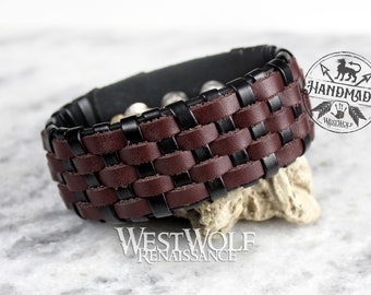 Leather Viking Basket-Weave Style Bracelet or Wrist Cuff - Adjustable Size - Woven Brown and Black Leather