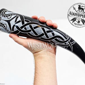 Hand-Carved Viking Dragon Drinking Horn with Forged Iron Stand -- Norse/Medieval
