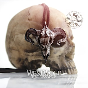 Horned Demon Skull Pendant - Solid Bronze --- Medieval/Gothic/Amulet/Templar/Pagan/Curled Horns/Ram/Goat/Baphomet/DOOM/Daedric/Skyrim