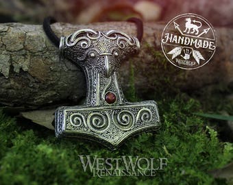 Viking Raven Hammer Pendant with Red Garnet - Mjolnir - Scania/Norse/Thor/Odin