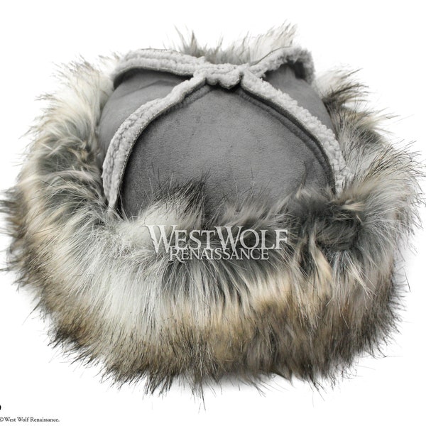 Fur-Trimmed Viking Hat with Grey Top and Winter Silver Fox Fur --- Norse/Scandinavian/Norway/Sweden/Faux Fur/Headwear/Cap