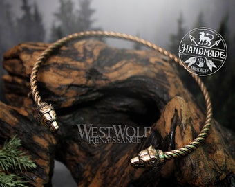 Torc de cuello berserker con cabeza de oso vikingo, hecho de bronce fino, guerrero nórdico/collar/medieval/celta/joyería