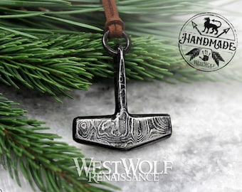 Damascus Steel Thor's Hammer Pendant - Hand-Forged --- Norse/Odin/Mjolnir/North/Scandinavian/Medieval/Blacksmith/Damask/Necklace