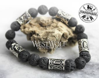 Icelandic Black Lava Rock Bracelet with Viking Rune Beads --- Norse/Scandinavian/Medieval/Volcano Stone/Bead/Jewelry/Skyrim