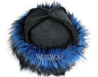 Blue and Black Fox Fur-Trimmed Viking Hat with Black Sherpa-Suede Top --- Norse/Scandinavian/Norway/Sweden/Faux Fur/Headwear/Cap