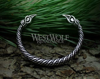 Silver Viking Raven Torc with Odin's Ravens Hugin and Munin --- Norse Mythology/Scandinavian/Allfather/Pagan/God/Jewelry/Bracelet