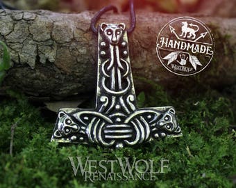 Viking Mjolnir Thor's Hammer Pendant with Wolf Heads --- Norse/Medieval/Scandinavian/Iceland/Fenrir/Wolves/Necklace