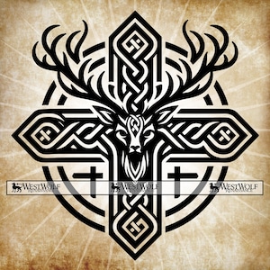 May include: Black and white graphic of a stag's head within a Celtic cross design. The antlers are prominent, and the cross is surrounded by a circular pattern. The image has a vintage, textured background with the text "WESTWOLF RENAISSANCE".