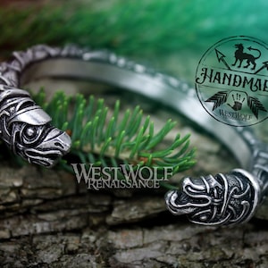 Silver Viking Raven Torc with Odin&#39;s Ravens Hugin and Munin --- Norse Mythology/Scandinavian/Pagan/Jewelry/Bracelet