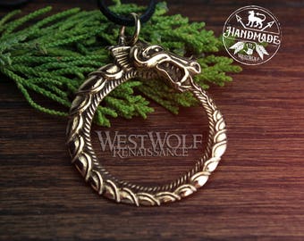 Viking Ouroboros Sea-Serpent Pendant -- Norse/Medieval/Skyrim/Jormungand/Dragon/Gold/Bronze