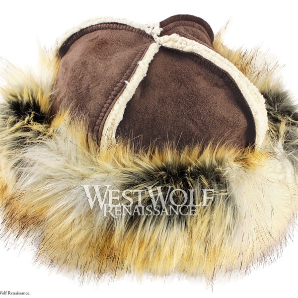 Brown Wild Fox Fur-Trimmed Viking Hat - (Faux Fur)