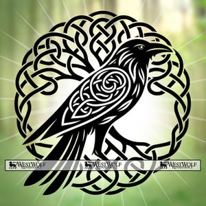 May include: Black raven illustration with intricate Celtic knotwork design. The raven is perched within a circular frame of interwoven lines, with the text "WestWolf Renaissance" at the bottom. The artwork is set against a soft green background.