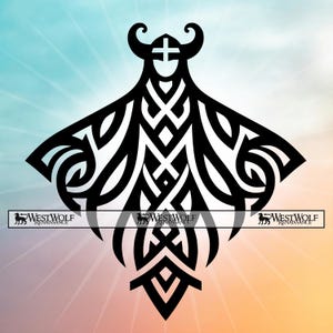 Può includere: Design in bianco e nero di un guerriero vichingo con elmo e intricati nodi. L'immagine presenta il testo "WESTWOLF RENAISSANCE" in un banner in basso. Lo sfondo è sfumato in blu, arancione e giallo.